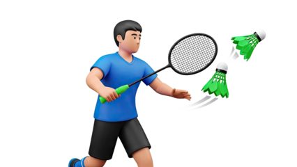 3D Man Playing Badminton with Green Shuttlecocks