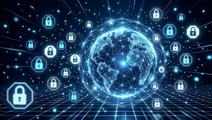 Global digital network secured by glowing locks against cosmic data backdrop.