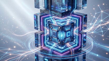 Futuristic circuit tower glowing blue and purple, surrounded by digital data streams.