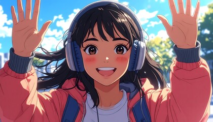 An anime-styled character, smiling widely with arms raised. She wears headphones, a backpack, and a jacket. Bright, sunny day