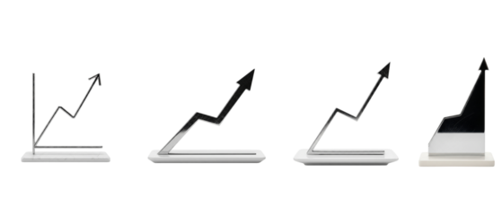 Collection of four black upward trending arrow graphs isolated on white.