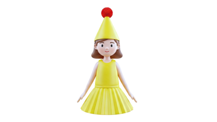 3D cartoon girl in yellow party hat and dress