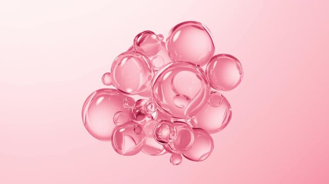 Abstract pink hyaluronic acid or collagen liquid spheres moving against light background macro slow motion footage