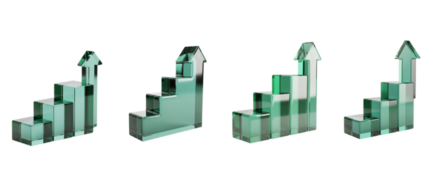 Collection of four green transparent block arrows showing an upward trend and progress. - Powered by Adobe