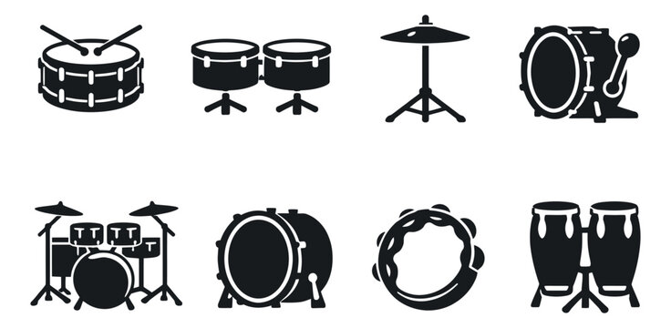 Solid icon percussion instruments set featuring drums, cymbals, tambourine, and a complete drum kit for music and rhythm design
