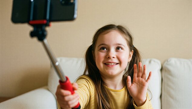 Girl smiles, waves, takes selfie with phone on red stick. Casual home setting, cheerful vibe.