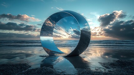 A reflective circular sculpture on a wet beach at sunrise, mirroring the cloudy sky and ocean.