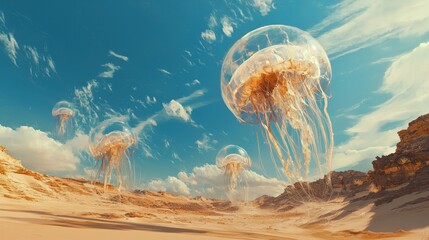 Giant translucent jellyfish-like creatures float gracefully across a surreal desert landscape under a vast blue sky with scattered clouds.