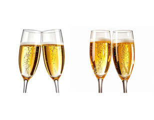  Two Champagne Flutes Clinking, Front View, Isolated on Transparent Background 