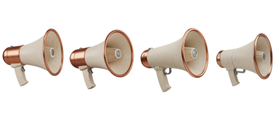 Collection of four vintage style megaphones with rose gold accents isolated on a white background.