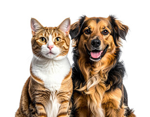 Happy Dog and Cat Sitting Side by Side, Front View, Isolated on Transparent Background