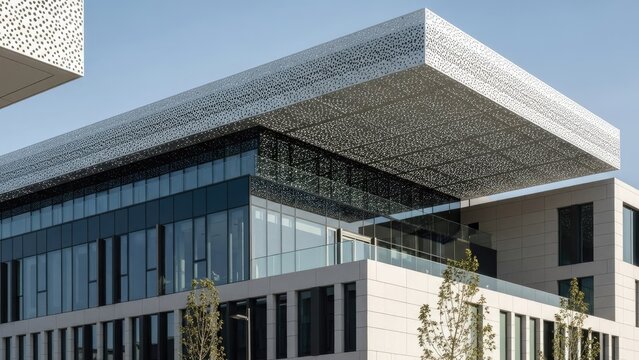 Modern office building with unique metal facade and glass windows