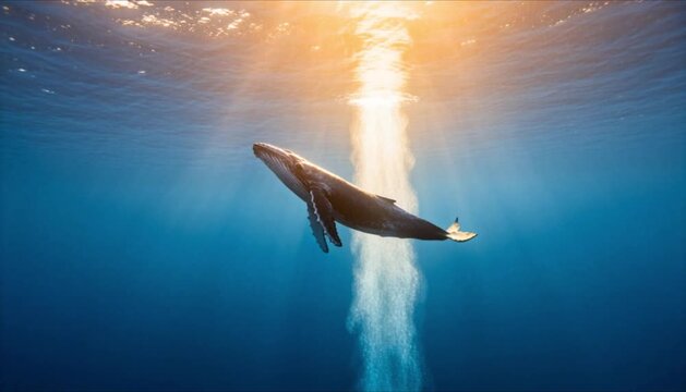 Wide underwater shot of whale crossing sunlit water column for world whale day and marine life conservation background