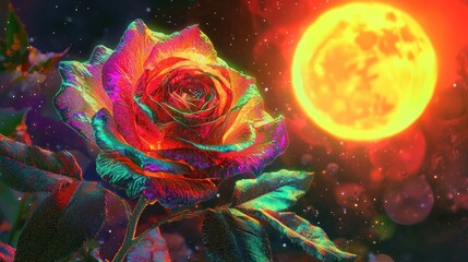 A vibrant, iridescent rose with glowing petals under a large, fiery full moon in a magical night scene.