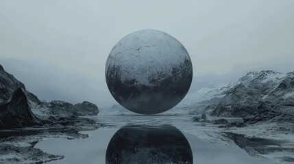A large, textured sphere floats above a reflective body of water in a desolate, snowy, mountainous landscape under a grey sky.