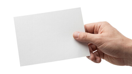Fototapeta premium Hand Holding Blank White Horizontal Paper Card Mockup on White Background