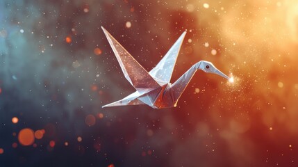 Origami crane flying through a magical, glowing cosmic sky, holding a tiny star in its beak.