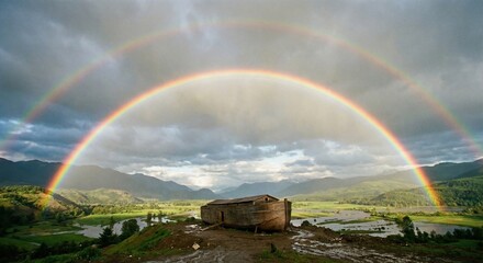 Flood and rainbow scene above an old wooden ark in a valley surrounded by mountains during a cloudy day