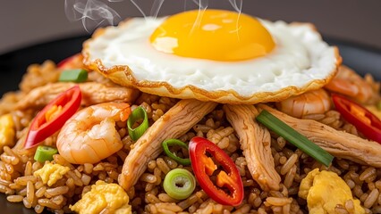 A close-up shot of a delicious plate of Indonesian Nasi Goreng, topped with a perfectly fried sunny-side-up egg, chicken, shrimp, and sliced red chilies.