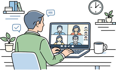 Employee attending a remote video conference meeting on a laptop from a comfortable home office, showcasing virtual team collaboration and digital communication strategies for modern work