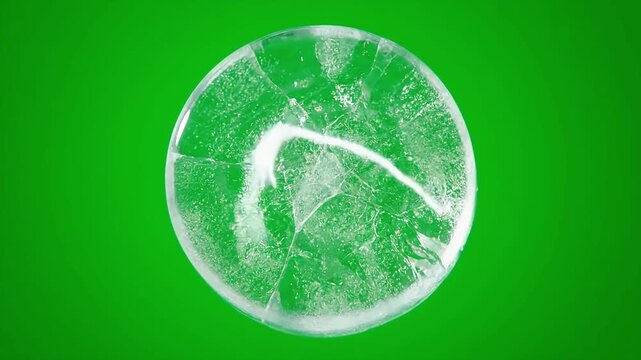 Clear Round Cracked Ice Block with White Path on Green Screen Background for Visual Effects