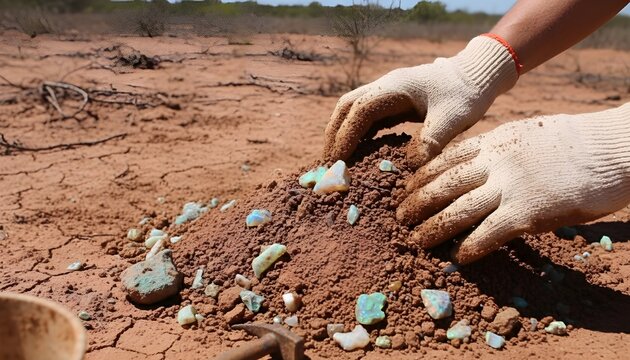 Hands Sifting Dry Dirt Surface Noodling Queensland Opal Fields Australia Small Opal Fragments Potch Gem Hunting Mining