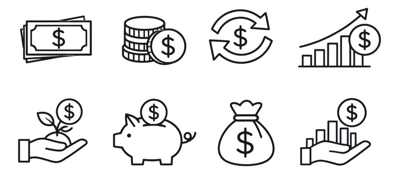 Line art financial icons set featuring money bills, coins, growth charts, and a piggy bank for business, investment, and economy concepts