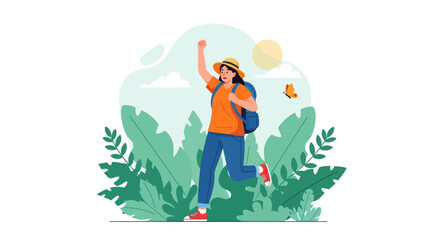 Fototapeta premium Happy woman hiking in green forest for outdoor adventure