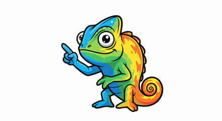 Obraz premium Cute cartoon chameleon pointing with a colorful body.