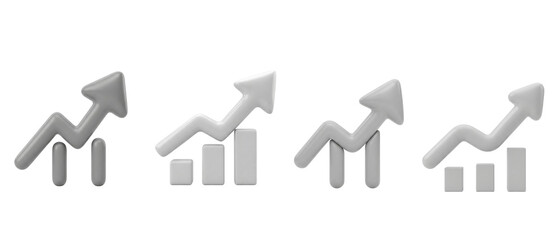 Set of 3D monochrome growth chart icons with upward arrows.