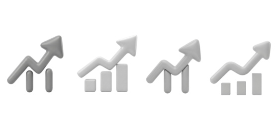 Set of 3D monochrome growth chart icons with upward arrows.