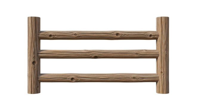 Rustic wooden log fence section, brown timber ranch railing with natural grain texture, country style garden boundary isolated on white background