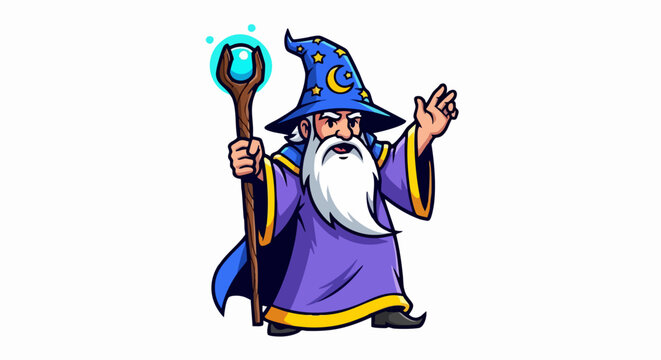 A cartoon wizard with a magical staff and a blue hat.