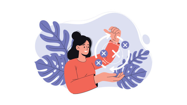 Smiling woman plans a strategy by interacting with a holographic interface showing a cycle of actions with check and cross marks.