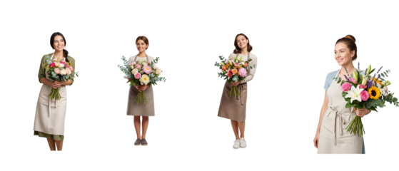 Set of a happy female florist in an apron holding various beautiful flower bouquets isolated on white.