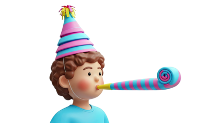 Boy in Party Hat Blowing a Party Horn