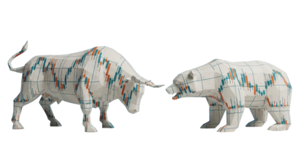 Polygonal Bull and Bear Stock Market Sculptures with Candlestick Charts isolated PNG with Transparent Background