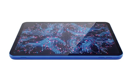 Blue Tablet Displaying Digital Circuit Board
