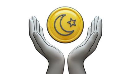 Hands holding Islamic symbol coin