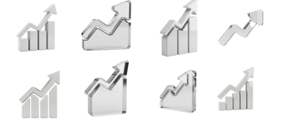 Set of eight silver 3D bar graphs with upward arrows showing growth on a white background.