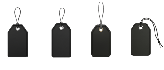 Set of four blank black cardboard price tags with strings isolated on a white background.