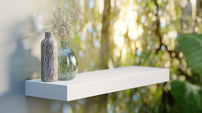 Decorative shelf with vases and plants in a natural setting - Powered by Adobe