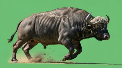 Fototapeta premium Majestic cape buffalo charging with impressive musculature against a plain green background