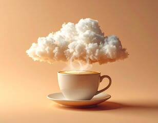 Surreal a cup of coffe transforming into soft clouds above it