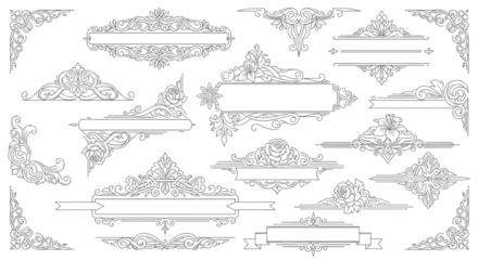 Set of 15 Ornate Floral Scroll Vector Frames and Borders isolated PNG with Transparent Background