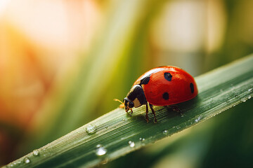 Obraz premium Ladybug on a Dew-Kissed Green Leaf in Morning Sunlight