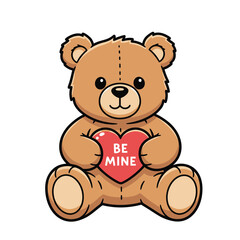 Fototapeta premium Cute teddy bear holding red heart with Be Mine text for Valentine's Day