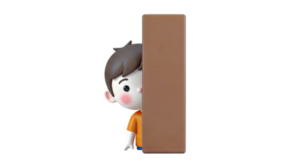 3D Cartoon Boy Peeking Behind a Brown Object