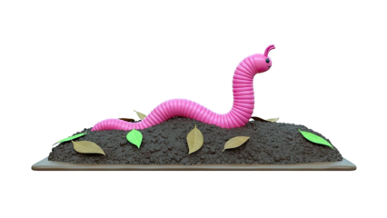 Cartoon Pink Worm in Soil with Leaves