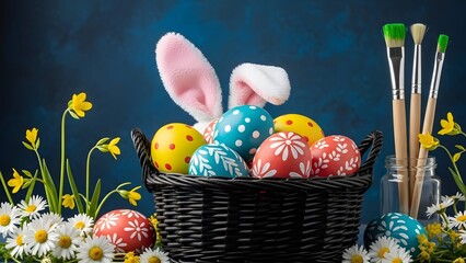 A basket with colorful Easter eggs, surrounded by flowers, bunny ears, and paintbrushes.